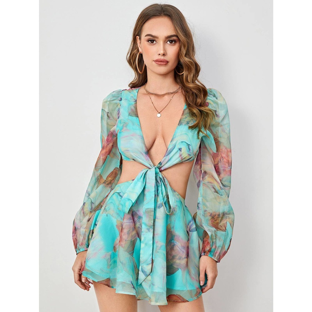boho Lantern Sleeve Knot Cutout Waist Chiffon Romper - Picture 11 of 11